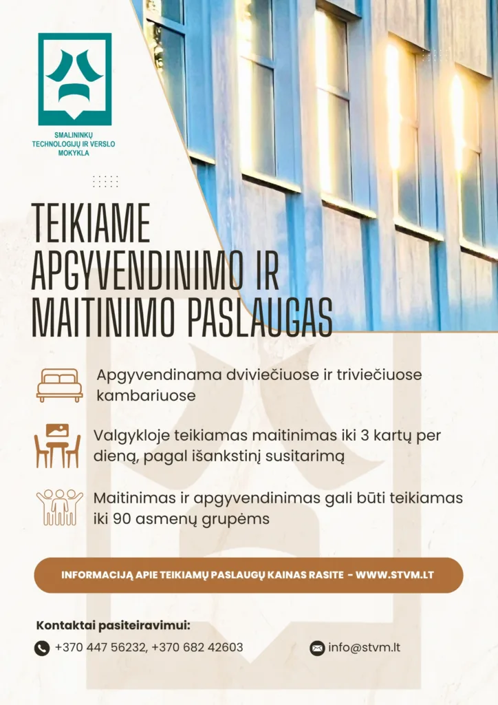 Teikiame Apgyvendinimo ir maitinimo paslaugas – skelbimo plakatas.
